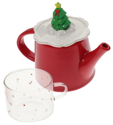ROMISBABA Té Cerámico Navideño con Tetera y Taza Diseño Retro de Árbol de Navidad Rojo Tetera Ergonómica para Servir Set de Infusiones Elegante para Regalo Familiar