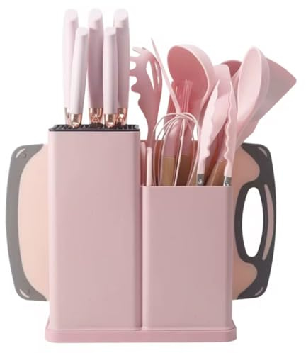 19 PCS Silicone Kitchen Utensils Set | Non-Stick, Heat-Resistant Cooking Utensil Set | Silicone Spatula, Spoon, Tongs, Ladle Set with Utensil Holder | Kitchen Accessories with Wooden Handles (Pink)