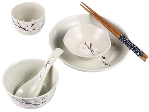 ELAYARD Stoviglie Giapponesi in con Piatto Ciotola Tazza Cucchiaio e Bacchette Decorazione Fiore di Prugno e Facile da per Uso Quotidiano
