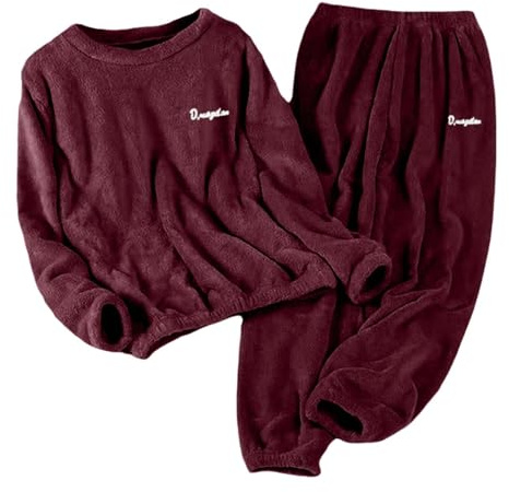 Generico Pigiama Donna Invernale Pile Set Caldo Pigiami Felpato Due Pezzi Abbigliamento da Casa Morbido Manica Lunga Pantalone Lungo Pigiama Donna Flanella Indumenti da Notte Lounge Sleepwear (M)