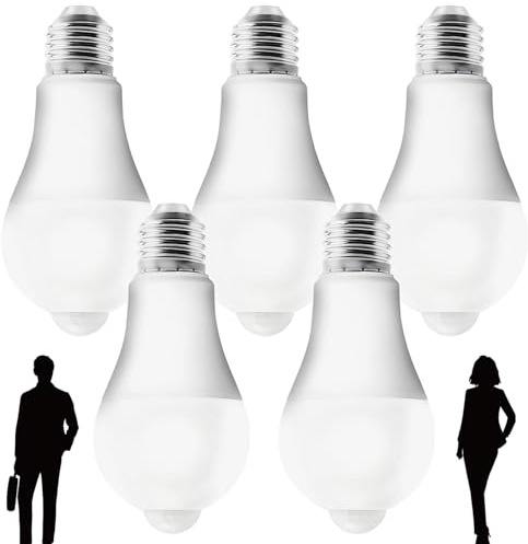 5 Stück E27 LED Glühbirne mit PIR-Bewegungsmelder, 12W Warmweiß 5700K, 1100 Lumen Sensorlampe, 120° Abstrahlwinkel, 80Ra, Lichtsensor Nicht dimmbar, Energiesparlampe für Balkon Flur Treppen Garage