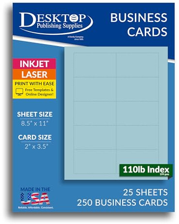 250 Plain Blue Business Cards 3.5 x 2 - Printable Colored Blank Business Card Paper Sheets, Micro Perforated Cardstock Business Cards 110lb Index (199gsm) for Inkjet Laser Printers,10UP - 25 Sheets