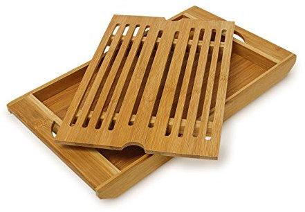 Relaxdays Tagliere per Pane in Bambù, Salva Lama, HLP: 3x37x22 cm, da Cucina, Griglia Raccogli Briciole, Colore Naturale