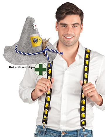 Karneval-Klamotten Oktoberfest Hut Herren Bayern Hut Herren Bierglas mit Kordel INKL Hosenträger Oktoberfest