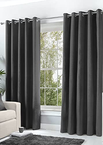 Hachette Thermal Blackout Curtains Eyelet Ring Top Including Pair of Tiebacks (Charcoal Grey, 66 X 72)