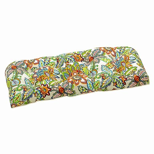 Pillow Perfect Bright Floral Indoor/Outdoor Tufted Wicker Loveseat Cushion, 1 Count, 19 x 44, Blue/Green Copeland