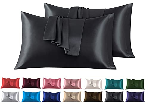 Set di 2 Federe in Raso 50 x 80 cm Nero, Federa Cuscino Letto Morbida e Setosa al Tatto, Chiusura a Busta, Antiacaro e Ipoallergico, Protezione Capelli e Pelle & Antirughe