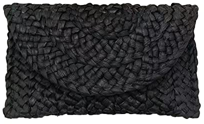 Syrads Bolso de mano de paja de noche para mujer Bolso de playa de verano Bolso de sobre tejido de paja,Negro