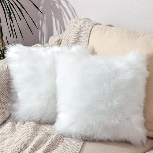 linmopm Excluding Insert Faux Fur Sheepskin Pillow Cover White Shag Fuzzy 18x18 Inch White 2 Pcs Super Soft Fluffy Cushion Plush Pillow Case Luxury Living Room Sofa Bed Home Decor Chair Cushion