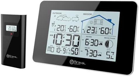 Miraval Funkwetterstation mit Außensensor Datumsanzeige Mondphase Sonnenaufgang Indoor & Outdoor Luftfeuchtigkeit 2 Alarme mit Licht Wettertrend Großer Display Modern (Schwarz)