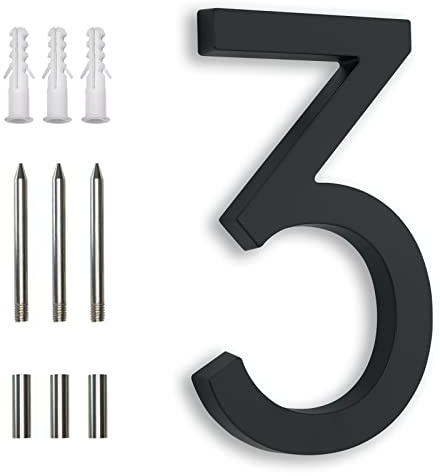 18 cm husnummer för utomhus, adressnummer för hus moderna husnummer på hus metall svarta stora husnummer för husets flytande infälld montering aluminium svart nummer 3