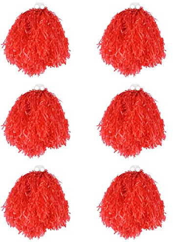 Jumbo Cheerleader Pom Poms - 6 Pom Pom - Red Tasseled Pompoms with Finger Grip - USA American Cheerleader Dance School Fancy Dress Costume Accessory