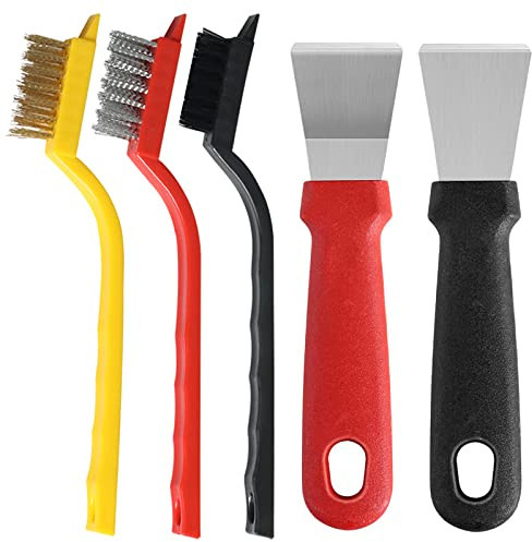 Tryoubst Wire Brush Set with Putty Knives 5 Packs, Brass/Stainless Steel/Nylon Multipurpose Wire Brushes for Cleaning Rust and Heavy Dirt, Window Scraper Tool Glass Scraper Remover