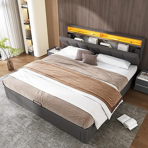 Merax Polsterbett 180x200cm mit LED-Beleuchtung, Hydraulisch Doppelbett mit Bettkasten, Schubladen und Großer Stauraum Kopfteil, Bettgestell mit Lattenrost, Metallrahmen, Leinen, Jugendbett, Grau