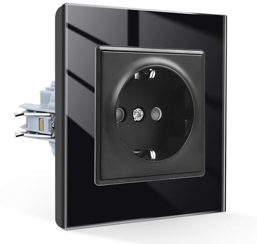 CNBINGO Schuko Steckdose Unterputz,Glas Wandsteckdose Schwarz 1 Fach | EU-Standard Steckdosen mit Kindersicherung, Glasplatte,16A 250V