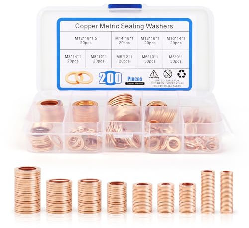 NVIYAM 200 Pezzi Rondelle Alzaporta Rondelle Rame (M5M6M8M10M12M14) Rondelle Acciaio Assortimento di Anelli di Tenuta in Rame Set Corpo Rondelle Piatte Fitschenring- Assortimento Guarnizioni o'Ring