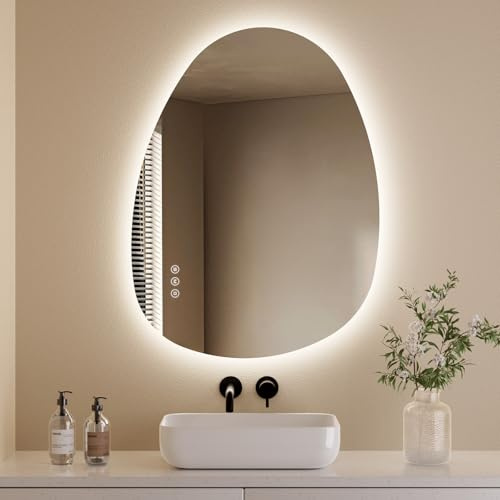 S'AFIELINA Miroir Mural LED Salle de Bain 60×45×2,5 cm Asymétrique Miroir avec Interrupteur Tactile, 3 Couleurs de Lumière Réglables - Blanc Chaud/Blanc Froid/Neutre, Antibuée Miroir de Salle de Bain