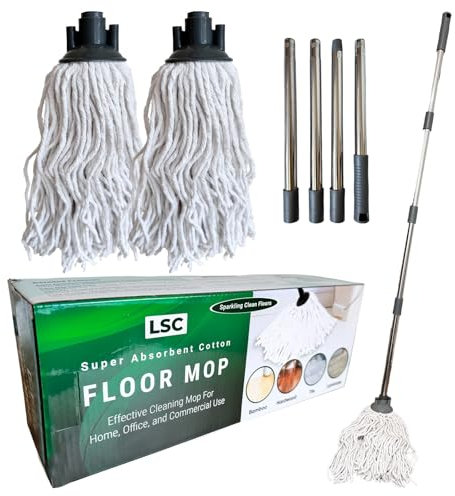 LSC Cotton Floor Mops Looped String Mop with 120cm Long Stainless Steel Handle Extra Replacement Mop Head Scratch-Free Absorbent Classic for Tile Wood Floor Kitchen Bathroom