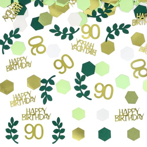 WenmthG - 90. Geburtstag Deko: Eukalyptus & Konfetti, 200 Stück, Grün-Gold, PVC & Papier, Streudeko, Party, MK-90