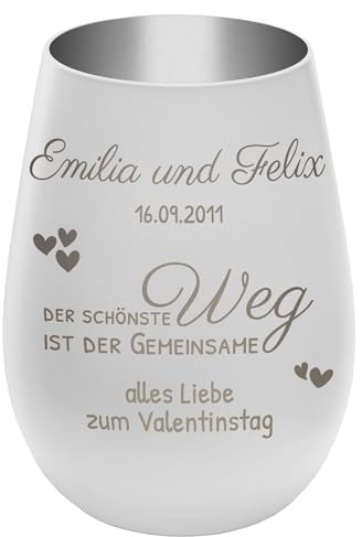 Windlicht mit Gravur ''Der schönste Weg'' - Weiß/Silber - Teelichthalter personalisierbar mit Wunschtext - Geschenk zu Valentinstag Hochzeit Verlobung Jahrestag