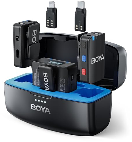BOYA Kabelloses Lavalier-Mikrofon für iPhone, Android-Tablets, Kamera, integrierte Aufnahme, 299,9 m Reichweite, 10 Stunden Akkulaufzeit, mit Ladehülle, kabelloses Ansteckmikrofon für