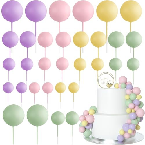 ASTARON 32 Pcs Ball Cake Topper Decorations Topper Sticks Foam Balls Cake Picks for Wedding Party Birthday Cake Decorations (Colorful)