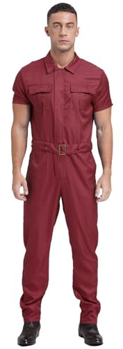 Sywiyi Herren Kurzarm Overall Jumpsuit Lange Einteiler Arbeitsoverall mit Gürtel Zipper Maleranzug Arbeitskleidung Burgundy 3XL