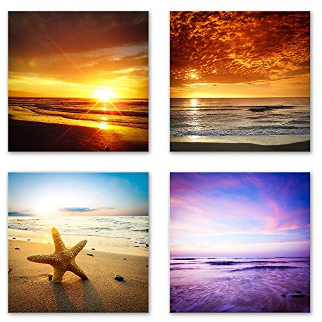 BilderKing Leinwandbilder Set Sonnenuntergang Meer Strand, 4-teiliges Wandbilder-Set, jedes Bild 30x30cm, moderne Landschaftsbilder zur Deko für Büro, Wohnzimmer, Schlafzimmer