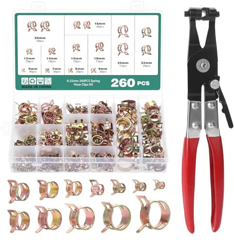 Faankiton 260 Pièces Collier de Serrage à Ressort, 12 Tailles 6-25mm Clips à Ressort Tuyau Serre-Joints, Pince