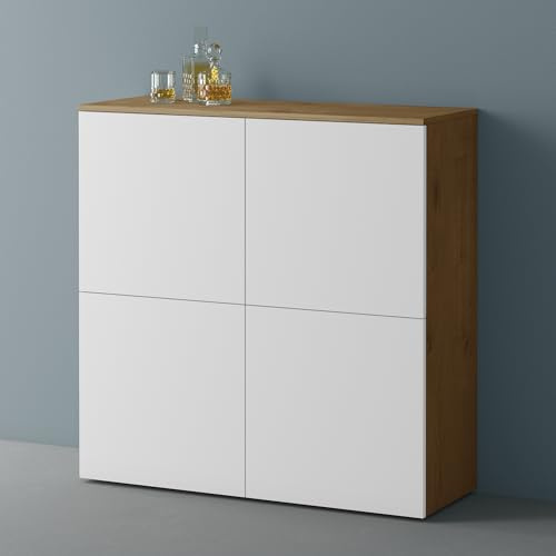 Mai & Mai Sideboard 100cm Kommode 4 Türen Soft-Close grifflos Stauraum | Kommodenschrank, Wohnzimmer Möbel, Flurschrank, bis zu 8 Staufächer, Kerneiche + Weiß matt, BxTxH:100x36,4x98cm, Schrank04
