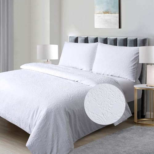 Damask Duvet Cover White Luxury Duvet Sets King Size Textured Embossed | Vintage Classic Bedding Set Hotel Crisp White Soft Breathable for Summer Spring All Season 3 Pieces 230x220