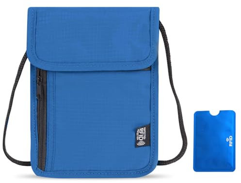KASURE Brustbeutel mit RFID Schutz, Weicher Brustbeutel zum Reisen Unisex, Weicher Brustbeutel, Reisegeldbeutel für Bargeld Karten Schlüssel und Reisepass(Blau)