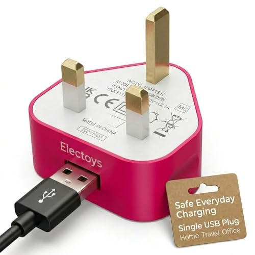 Electoys Single USB Plug UK - 5V 1A Fast Charger - Compatible with iPhone, Samsung, Redmi, Huawei, HTC, LG - Hot Pink