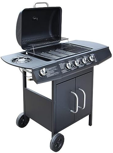 Homgoday Barbecue à Gaz 4 + 1 Zone de Cuisson Noir, Barbecue Grill d'Extérieur, BBQ à Charbon Smoker Fumoir pour Viande, Poisson, Fromage Cuisine extérieure
