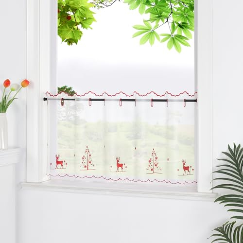 HeichkelL Voile Scheibengardine Transparente Gardine Weihnachten Kurzstores mit Stickerei Bistrogardine mit Rentier und Weihnachtsbaum Rot HxB 45x90 cm