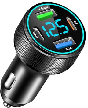 66W Car Charger Adapter, 4 Port Metal Cigarette Lighter USB Charger with QC3.0 & PD30W Fast Charging, Car Cigarette Lighter USB Socket with LED Voltmeter for iPhone16/15/14/13/12, Samsung Galaxy, iPad