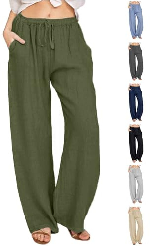 CheChury Pantalon Lin Femme Été Décontractés Pantalons Mode Coton Chanvre Confortable Jogging Plage Rétro Pants Taille Elastique Pantalon avec Poches