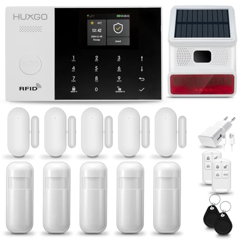 HUXGO® HXA005 Alarmanlage Haus WiFi + GSM 4G mit Funk Sirene | Alarmanlage Wohnung mit App. TUYA | Alarm System mit 5X Bewegungsmelder, 5X Tür- Fenstersensor| Wohnmobil Alarmanlage