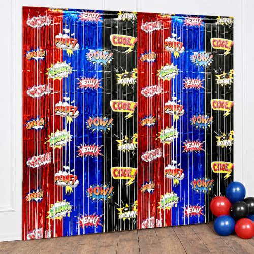 2er-Set Superhelden-Party Folienvorhänge – Glänzende Metallic Tür- & Wanddeko in Blau-Rot-Gelb für Kindergeburtstag, Jungen Motto-Party & Foto Hintergrund
