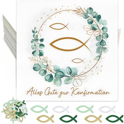 HUKUMA 40 Stück Servietten Kommunion + 80 Holzfische Streudeko, Konfirmation Deko Junge Mädchen Eukalyptus Grün,Gastgeschenke Tischdeko für Taufe, Kommunion, Konfirmation und mehr, 33 x 33cm