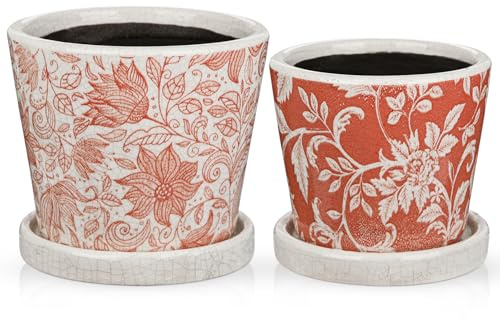 Oairse Juego de 2 macetas de cerámica rosa de 12 cm y 10 cm para interiores con agujeros de drenaje y bandeja de platillos, macetas decorativas de jardín para plantas suculentas de cactus