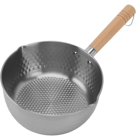 Saluaqui Multipurpose Stainless Steel Sauce Pan 18cm with Non-Stick and Wood Long Handle - Dual Pouring Spouts Cooking Pot for Soup, Noodles, and Milk (18cm)
