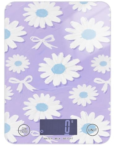 Pesa para para - Bilancia portatile impermeabile da viaggio, 5 kg/5 g, con margherita bianca, colore lilla, bilancia essenziale da cucina, con 4 unità per preparare i pasti e fare sapone (batterie non