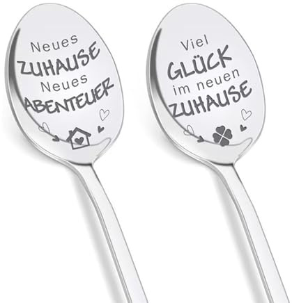 2er Set Kaffeelöffel Hauswarming Geschenk - Hochwertige Edelstahl-Löffel mit Gravur, Einzugsgeschenk für Frauen, Nachbarn, Haus Einweihungsparty, Richtfest Geschenk mit Brot & Salz Idee