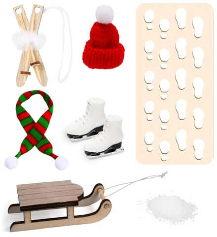 Viechoes 1:12 Puppenhaus Geschenke,wichtel zubehör Weihnachten,Miniatur Weihnachten Wichtel Schal Mütze Schlitten Holz Skier Skischuhe Schnee Fußabdrücke,Wichtelzubehör für Wichteltür Deko