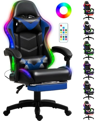 Czlolo Gaming Chair, Racing Style RGB LED Lights Gaming Chairs for Adults and Kids, Lumbar Massager Gamer Chair, High Back Reclining Computer Chair with Footrest and Headrest (Black/Blue)