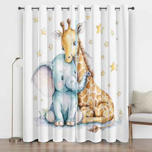 Generisch Süßer Giraffe Elefant Vorhänge Blickdicht, Stern Kinder Vorhang mit ösen für Wohnzimmer Schlafzimmer, Thermovorhang Kälteschutz Gardinen, Verdunklungsvorhänge 2er Set B 234 x H 183 jO11So