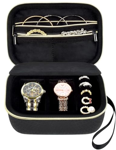 Watch Travel Case for Men and Women, 2 Slot Hard Shell Watch Case with Zipper, Soft Watch Pillows & 5 Ring Slots, Portable Watch Storage Box for Wristwatches & Smart Watches - Black (Box Only)