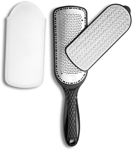 Double-Sided Stainless Steel Foot File Callus Remover with Long Handle & Protective Cover – Pedicure Tool for Dead Skin, Dry & Cracked Heels