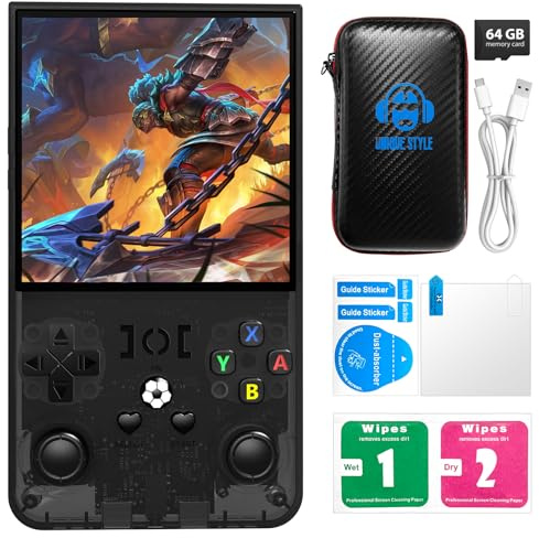 R36MAX - Consola de juegos de mano retro, pantalla IPS HD de 4 pulgadas, 64 GB integrados, más de 18.000 juegos clásicos, consola de juegos retro portátil con sistema Linux de código abierto y batería